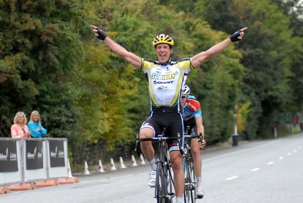 Odlin celebrates his Oceania elite mens road race win in March near Queenstown